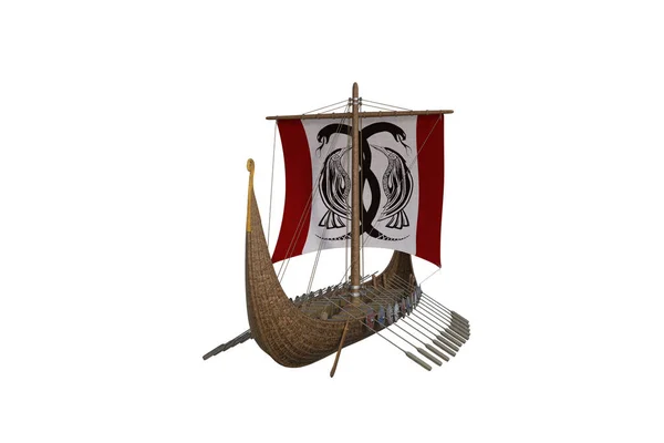 Beyaz arka planda izole edilmiş yelkenli ve sırt çantalı Viking savaş teknesi. 3B resimleme.