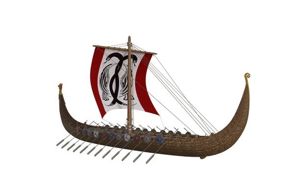 Beyaz arka planda izole edilmiş yelkenli ve sırt çantalı Viking savaş teknesi. 3B resimleme.