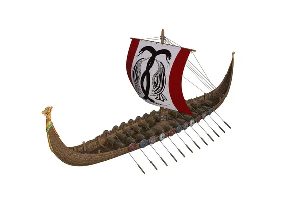 Beyaz arka planda izole edilmiş yelkenli ve sırt çantalı Viking savaş teknesi. 3B resimleme.