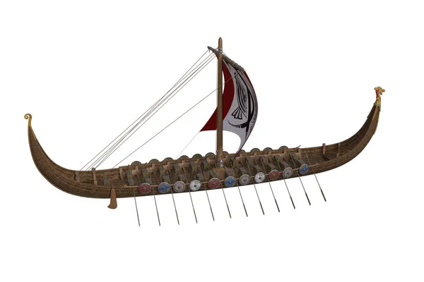 Viking War Longboat Sails Packs Isolated White Background Rendering Illustration — Stock Photo, Image