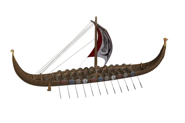 Beyaz arka planda izole edilmiş yelkenli ve sırt çantalı Viking savaş teknesi. 3B resimleme.
