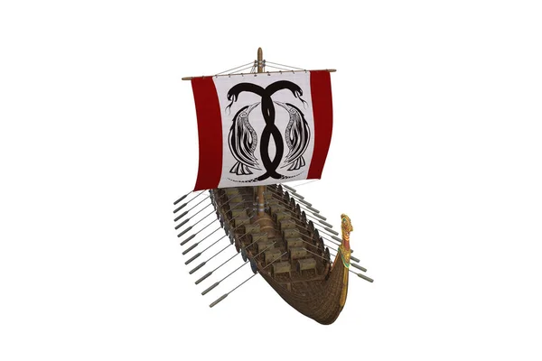 Beyaz arka planda izole edilmiş yelkenli ve sırt çantalı Viking savaş teknesi. 3B resimleme.