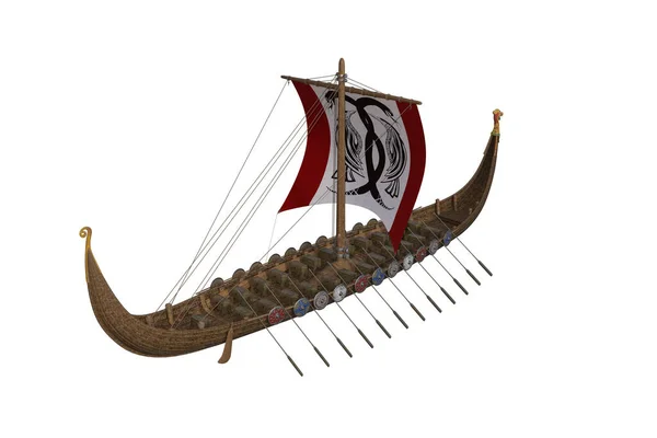 Beyaz arka planda izole edilmiş yelkenli ve sırt çantalı Viking savaş teknesi. 3B resimleme.
