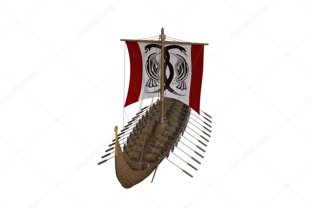 Viking war longboat with sails and packs isolated on the white background. 3D rendering illustration.