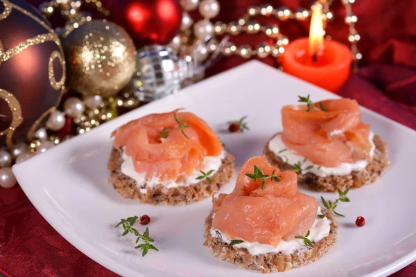 Holiday appetizer canapes salmon — Stock Photo, Image
