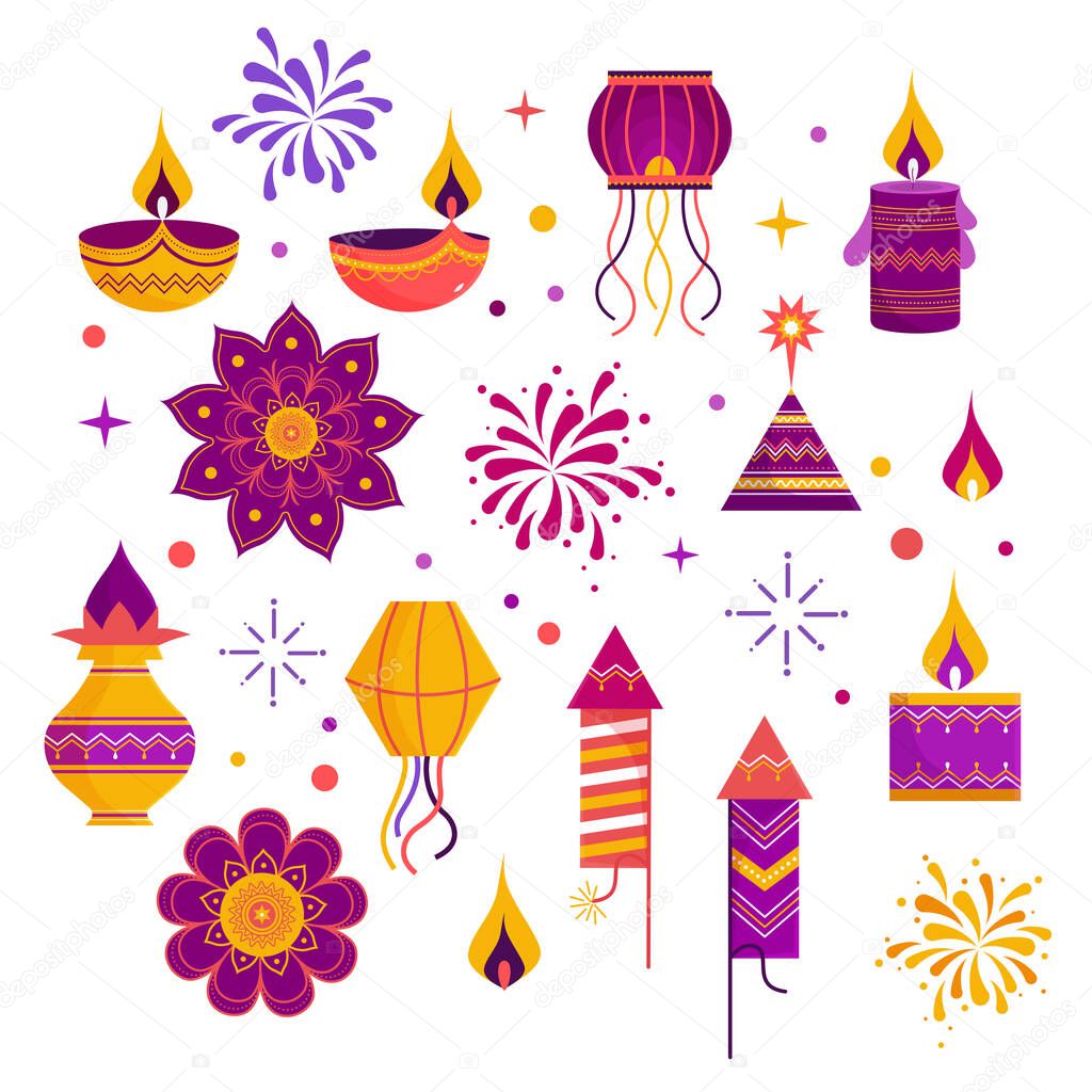 Diwali festival celebration icon or doodle element set for indian festival 