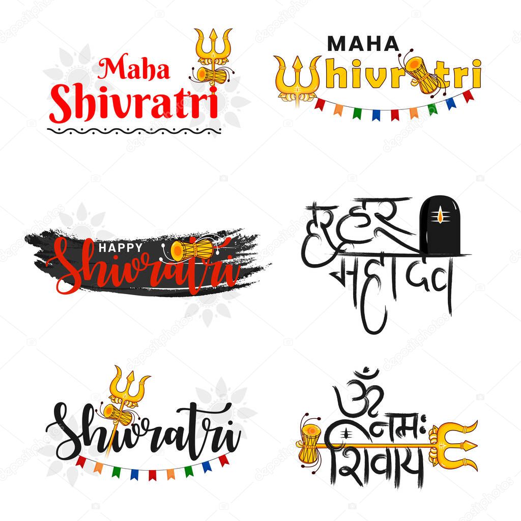 Illustration of Mahashivratri typography set, elements,decoration with hindi text. Translation in english I bow to shiva.