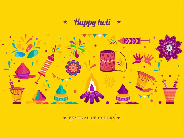 Happy Holi Biglietto Auguri Invito Confezione Banner Intestazione Icona Design — Vettoriale Stock