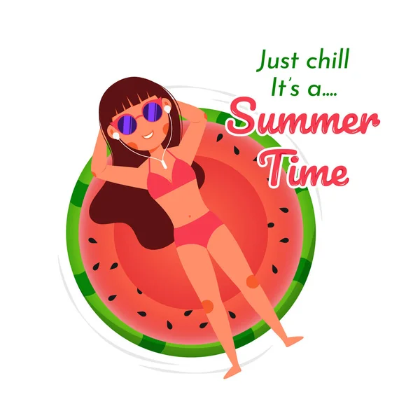 Illustration Girl Lying Watermelon Swimming Ring Pool Relaxing Enjoy Summer — Stock Vector