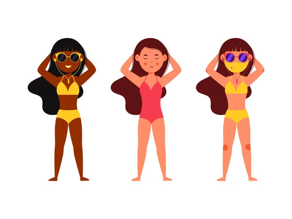 Zestaw Trzech Dziewczyn Relaks Letnie Wakacje Strój Kąpielowy Okulary Przeciwsłoneczne — Wektor stockowy