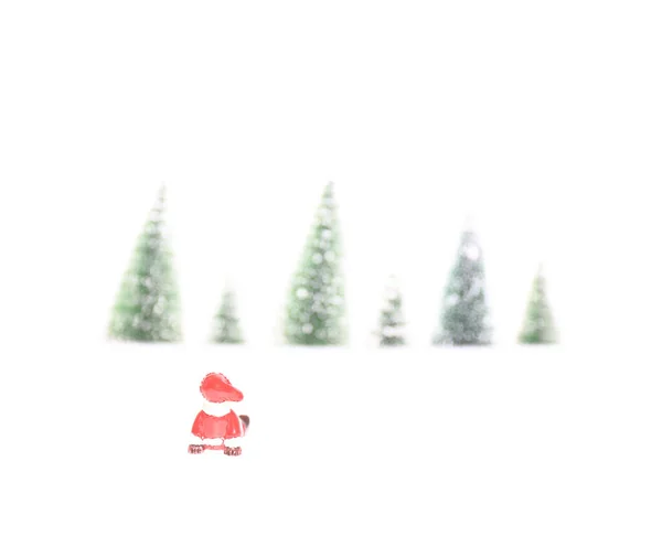 Little Santa Claus Toy Sitting Snow Front Row Pine Trees — Stok fotoğraf