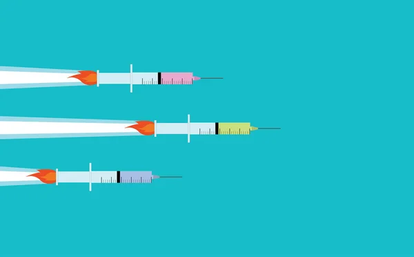 Covid Vakcinační Závodní Koncept Injekční Stříkačky Letí Jako Raketa Raketa — Stockový vektor