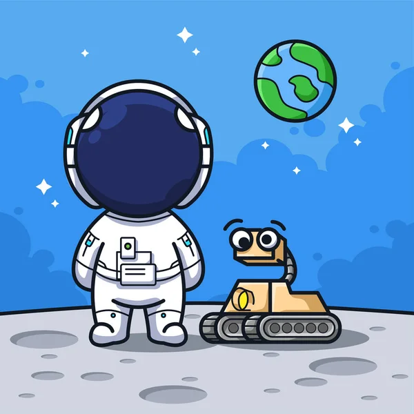 Kleine Astronautin Mit Mini Weltraumforscherroboter Mond Süßer Linie Art Illustration — Stockvektor