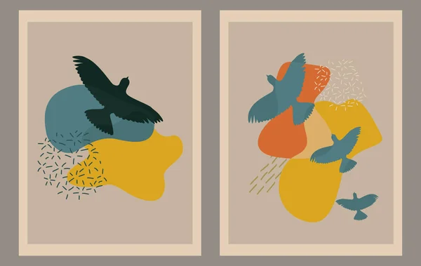 Memphis Wandkunst Vektor Set. Verschiedene fliegende Vögel, abstrakte Formen. Doodle-Stil. Moderne trendige Vector-Illustrationen. Durchgehende Linie, minimalistisches, elegantes Konzept. — Stockvektor