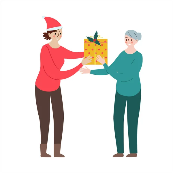 Felizes saudações de Natal aos pais. Uma mulher a usar um presente de pensionista. Desenho plano ilustração vetorial. — Vetor de Stock