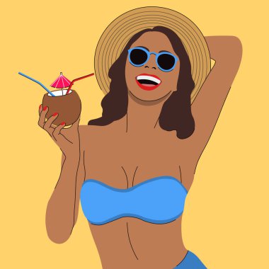 Neşeli kız elinde hindistan cevizi ve içki tutuyor. Tropik tatil. Vektör çizimi. Çizgi film düz tasarımı.