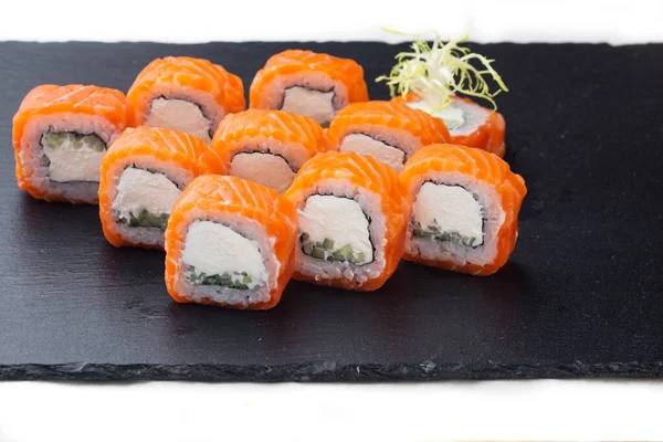 Traditional Delicious Fresh Sushi Roll Set Black Background Reflection Sushi — Stock fotografie