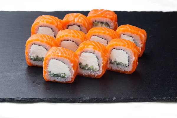Traditional Delicious Fresh Sushi Roll Set Black Background Reflection Sushi — Stock fotografie