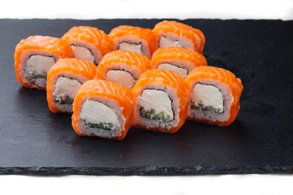 Traditional Delicious Fresh Sushi Roll Set Black Background Reflection Sushi — Stock fotografie