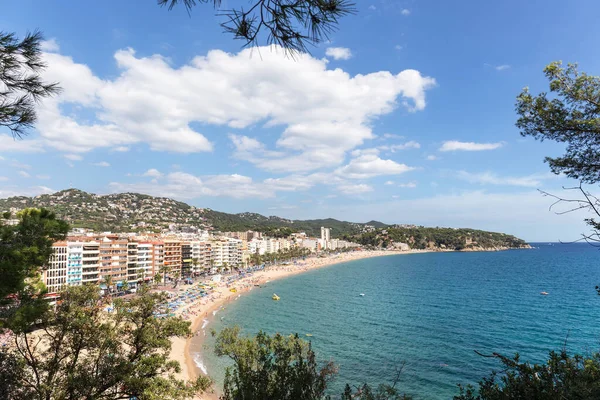Loret de Mar 'ın deniz manzarası. Kumsallar, turkuaz deniz, mavi gökyüzü, sıra sıra oteller, gezinti güvertesi