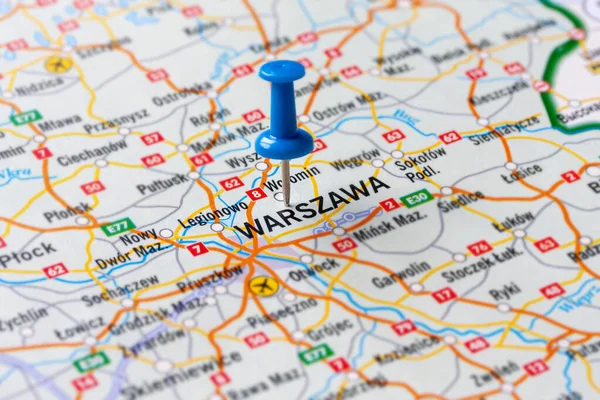 City Warsaw Highlighted Blue Pushpin Map Poland Selective Focus Travel Стоковое Изображение