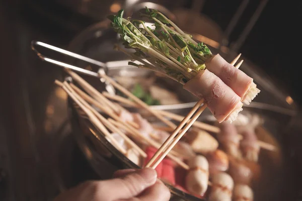 Délicieux Shabu Mis Dans Style Bâton Jambon Germes Haricots Pour — Photo