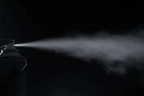 Smoke Spray Spit Bottle Left Side Finger Pressing Black Background — Stock Photo, Image