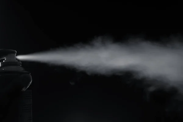 Smoke Spray Spit Bottle Left Side Finger Pressing Black Background — Stock Photo, Image