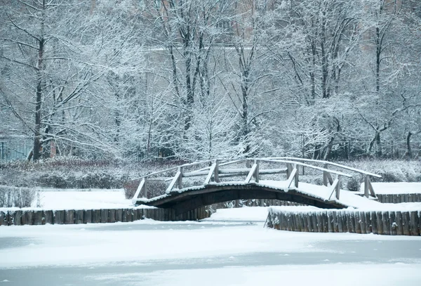 Ponte de madeira velha sob neve, paisagem de inverno — Fotografia de Stock