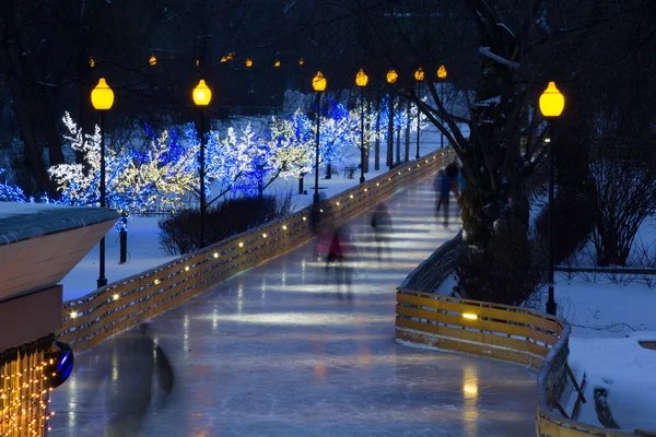 Красивый проспект катания на коньках в центральном парке Москвы зимой Стоковая Картинка