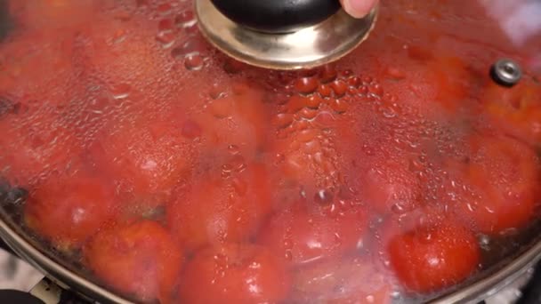 トマトソース カバーを持ち上げます イタリア料理 — ストック動画
