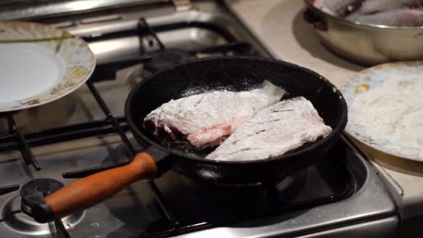 Karper vis wordt gebakken in een pan. Zoetwatervis kruiskarper. Recept. Eten koken. Menu van gerechten. Zonnebloemolie in een koekenpan. Gefrituurd voedsel. Huiskeuken. — Stockvideo