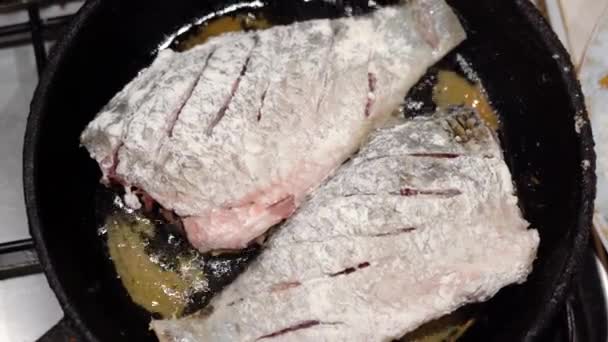 El pescado de carpa se fríe en una sartén. Carpa cruciana de peces de agua dulce. Receta. Cocinar comida. Menú de platos. El aceite de girasol en la sartén. Comida frita. Cocina casera. — Vídeo de stock