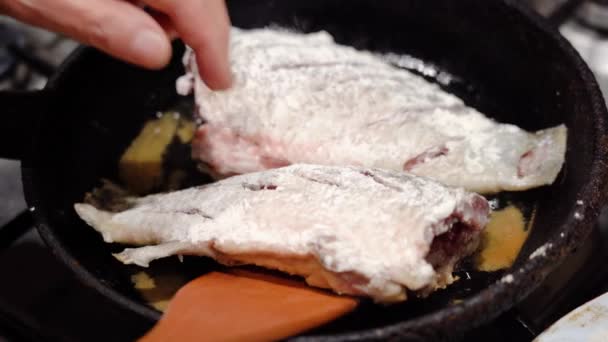 Carpas crujientes fritas y crujientes en aceite. Preparación de sartén de pescado, de cerca — Vídeo de stock