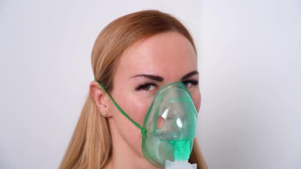 Close Shot Young Woman Using Respiratory Mask Inhaling Medicine Clear — Stock Video