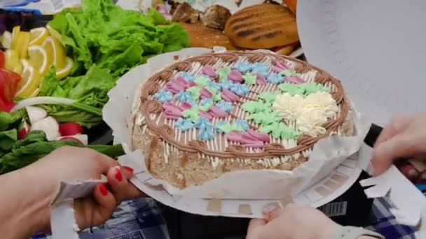 Female Hands Cutting Homemade Kiev Cake Cake Cream Nuts Meringue — Stock Video