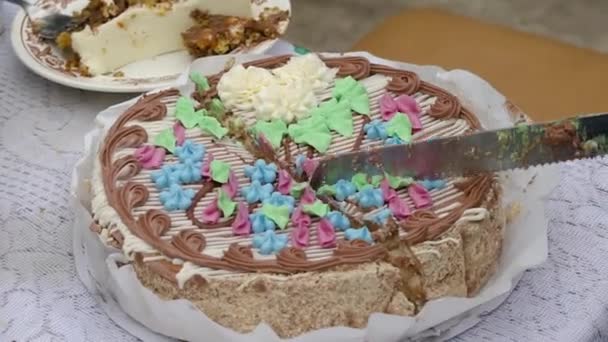 Mani Femminili Che Tagliano Torta Kiev Fatta Casa Torta Con — Video Stock