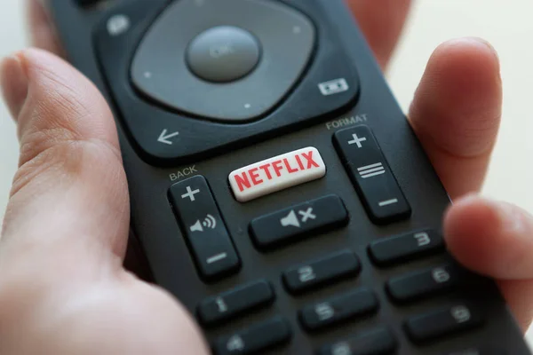 Remote Control Netflix Button Humans Hand Moscow Russia April 2021 — Stock Photo, Image