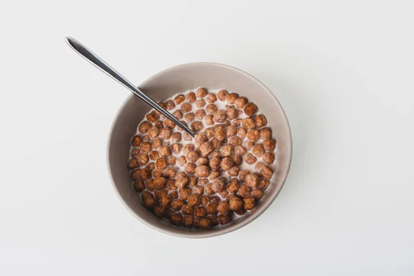 Breakfast Crunchy Chocolate Balls Milk White Background — Stock Photo, Image