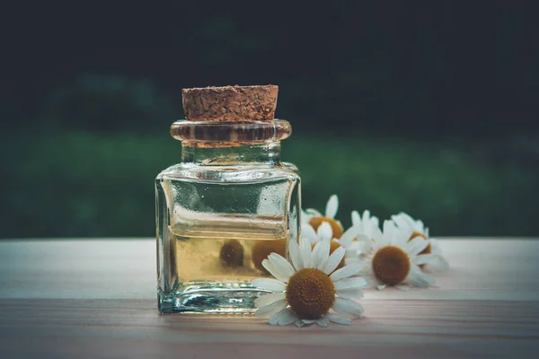 Ahşap masa üzerinde papatya mili olan temel yağ.