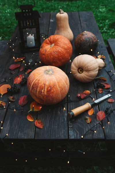 Halloween Dekoration Kürbisse Auf Holztisch Freien — Stockfoto