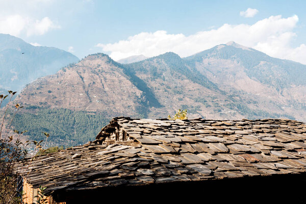 Traditional roof made of flat stones, Kulu valley, Himachal Pradesh, India 