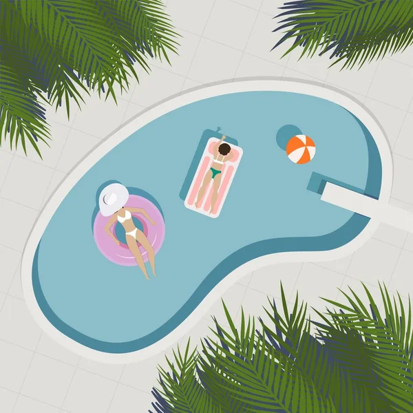 People Characters Swimming in Public Swimming Pool in Summer. Man and Woman wearing Swimsuits Sunbathing, Lying and Floating on Water. Summer Vacation Concept. Flat Isometric Vector Illustration. Stock Illustration