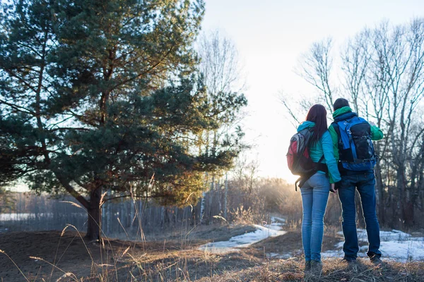 Hiking couple in spring forest.