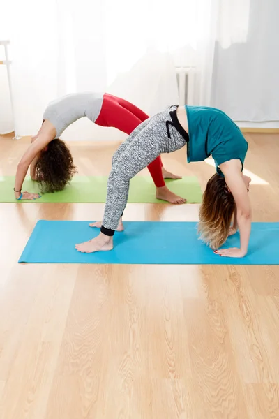 Two young fitness woman showing bridge exercise — Stock Photo, Image