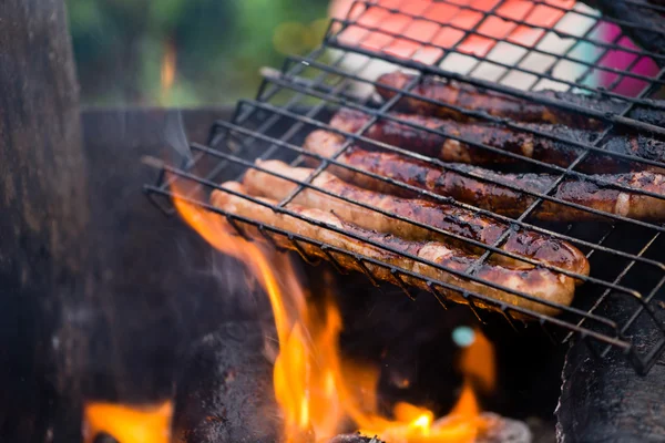 Fresh sausages grilled on an open fire — Stock Photo, Image