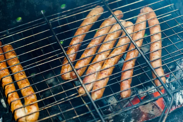 BBQ with frankfurt sausages on the grill closeup — Stock Photo, Image