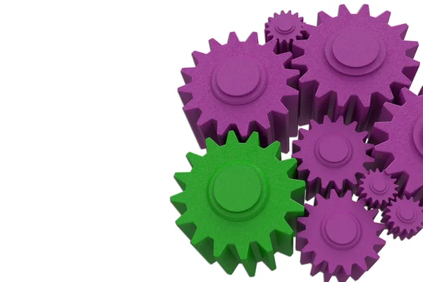Çok renkli karikatür dişli mekanizması beyaz arka plan üzerinde.