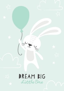 Balonlu şirin çizgi film tavşanı, vektör çizimi.