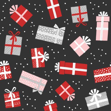 Çizgi filmdeki Noel kedileri, hediyeler ve vektör illüstrasyonuyla sevimli bir arkaplan.